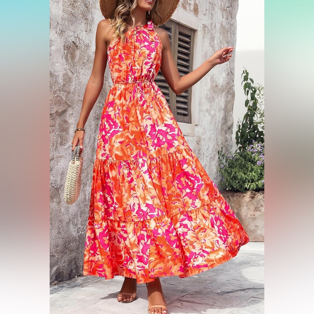 Vibrant Floral Maxi Dress in Pink and Orange